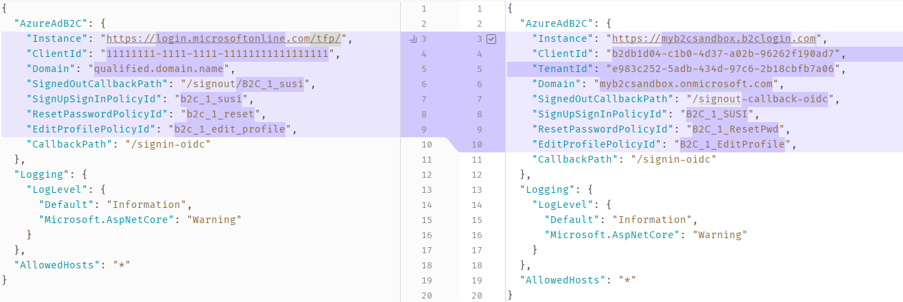 Changes in appsettings.json